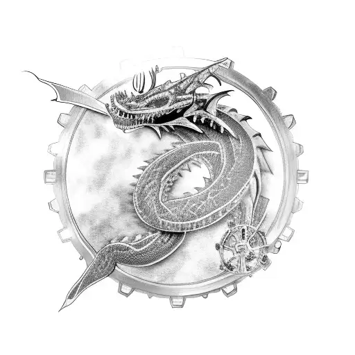 A Black-grey Tribal Dragon With Gears And Clock Hands Forming An Open Heart
