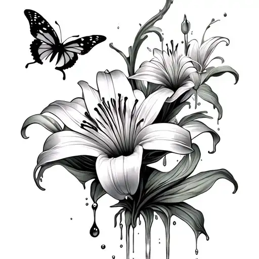 Red Spider Lily With Butterfly And Water Drip For Tattoo Design