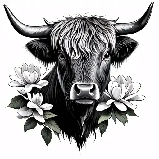 Highland Cow Head With Magnolia Flowera