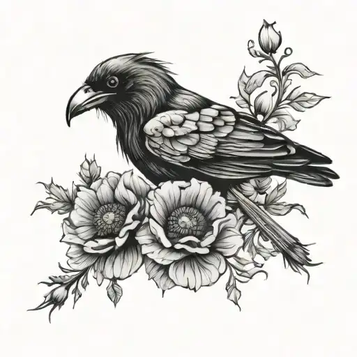 Crow Skeleton With Poppy Flowers