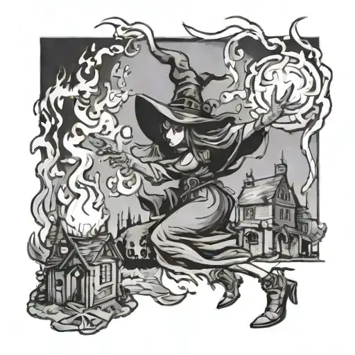 A Witch Casting A Spell On A Town's People With Flames Engulfing Them