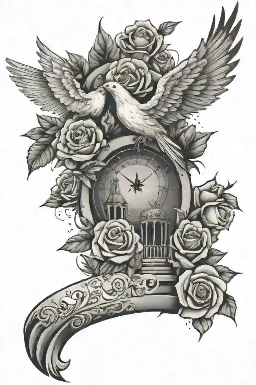 Forearm Tattoo With Roses Doves And Breaking Skin Effect And Stairs To Heaven