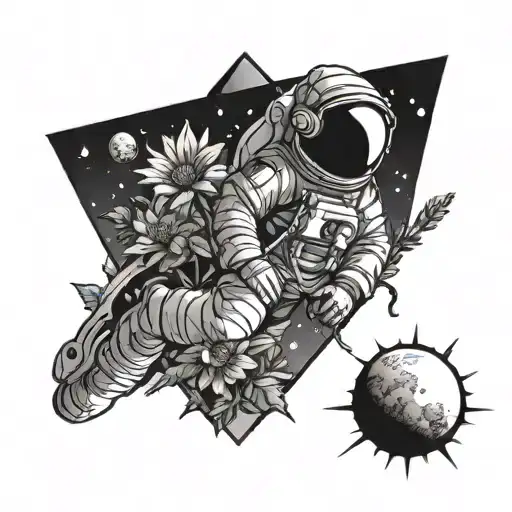 Astronaut With Flowers And Sun Setting