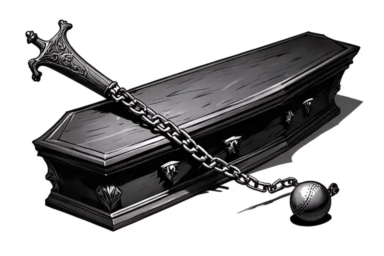 Coffin With Bat And Ball And Chain Weapon