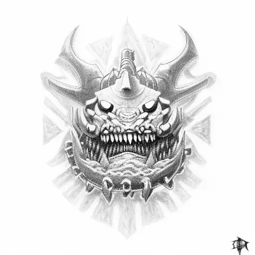 A World Eater Warhammer Inspired Tattoo With The Words 'Show Your Teeth'