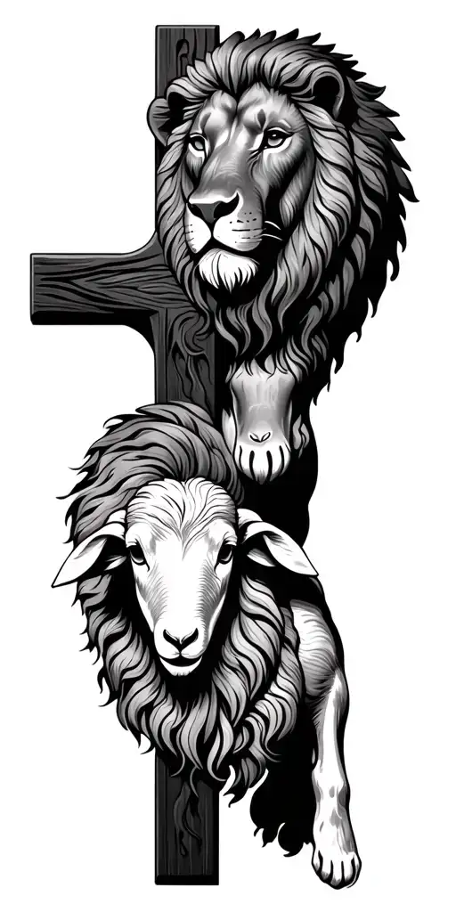 Cross With Lion Of Judah Laying Next To The Lamb Of God