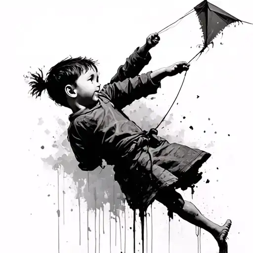 Little Boy Holding A Kite With String And Tail Blowing In Wind Bansky Style