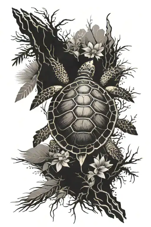 Create An Image Of A Sea Turtle From A Top View And Inside The Shell Is A Banyan Tree