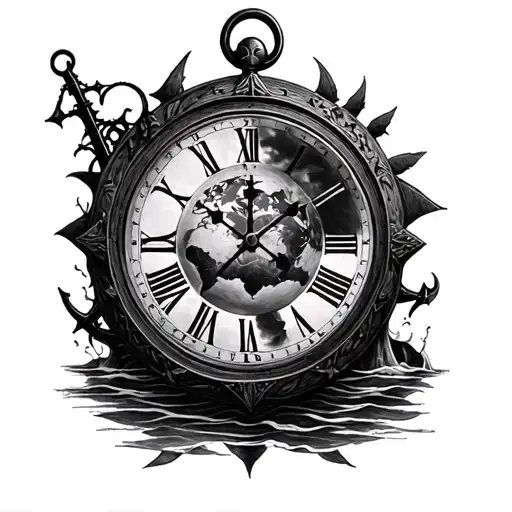 Create A Realism Haunted Nautical Tattoo Design With World Clock References