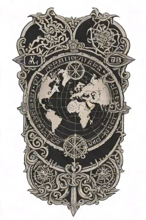 An Intricate Black And Grey Tattoo Of A Passport Stamp With Religious Symbols Intertwined