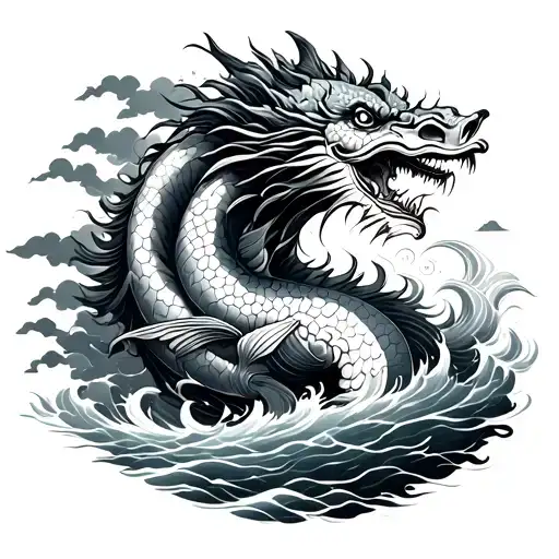 Chinese Fish Going Up A River To Transform Into A Japanese Dragon In The Clouds
