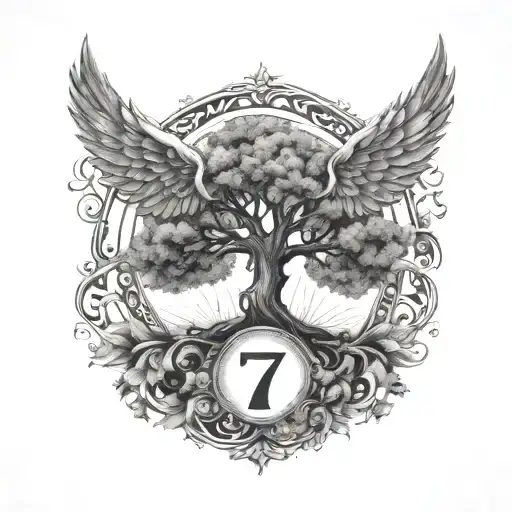 The Number 7 With Wings With The Tree Of Life In The Background