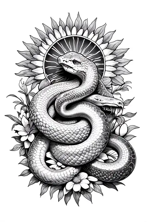 Two Headed Snake With One Of The Snakes Beheaded In The Sun With Flora