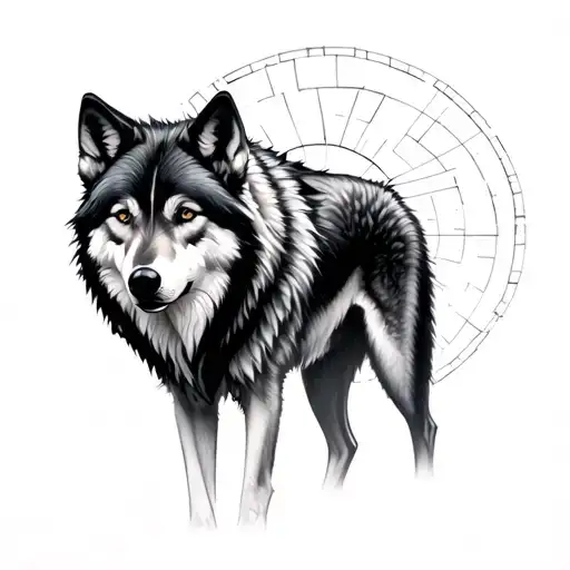 Black And Grey Realistic Wolf With Geometric Circles