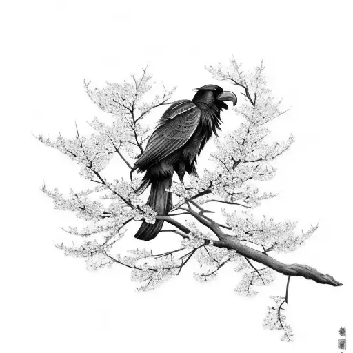 A Tattoo Of A Black And Grey Raven Surrounded By Japanese Cherry Blossoms