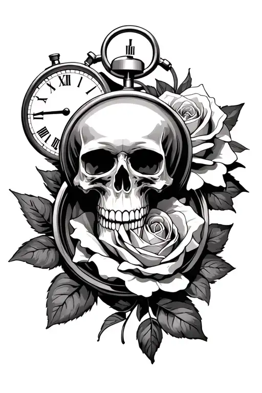 Skull And Rose And Stop Watch Surrounded