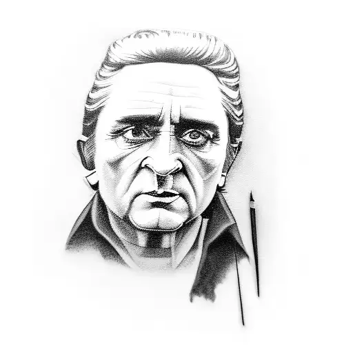A Powerful Black And Grey Portrait Of Johnny Cash Surrounded By Musical Notes