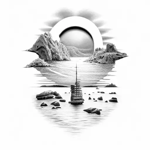 Sunset In Top-right Over Green Bay With Rock In Bottom Left