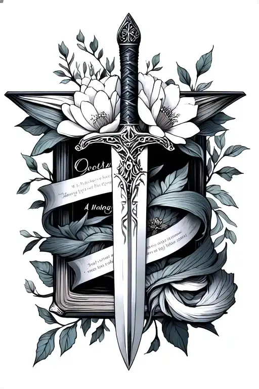 Book With A Sword And Flowers Wrapped Around Sword With A Quote From Acotar