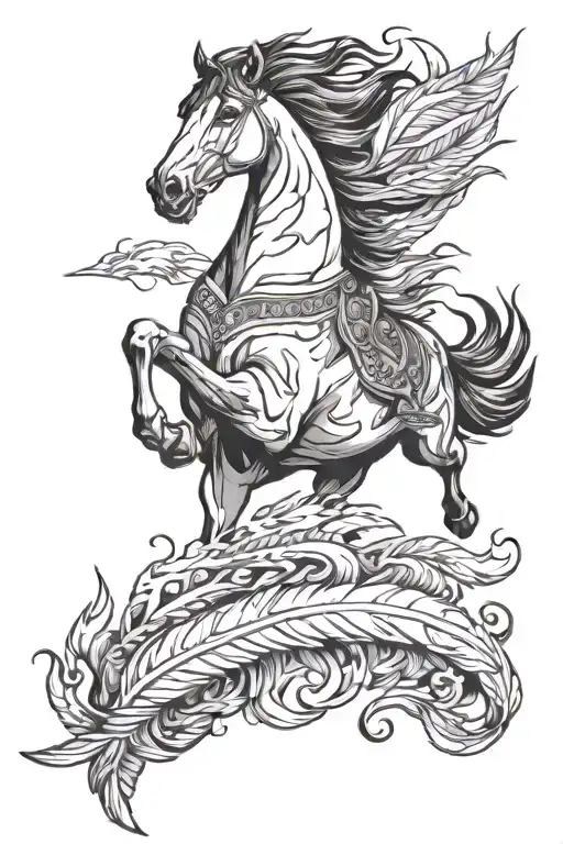 Mustang Horse Galloping With Gutair And Eagle Feathers