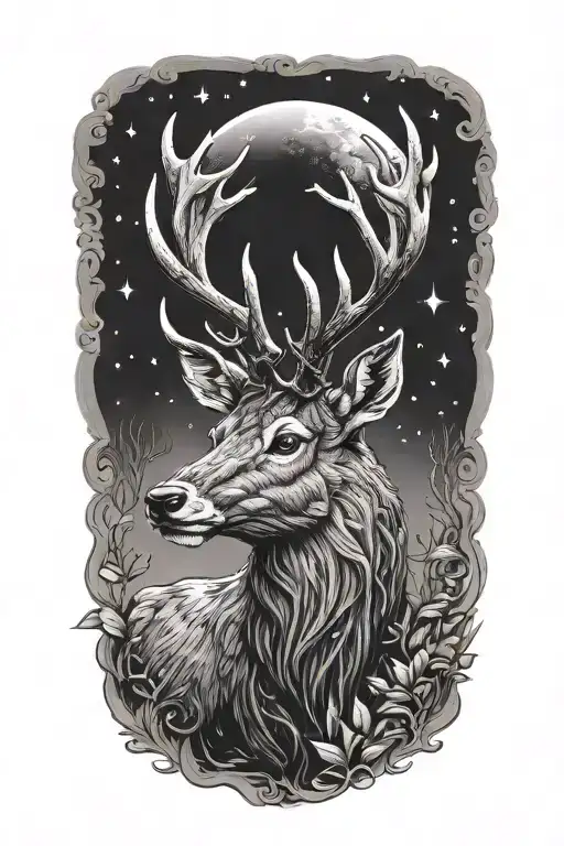 Powerful Stag Head And Moon