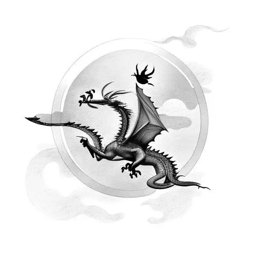 Black And Grey Tattoo Of A Dragon Soaring Above A Floating Island