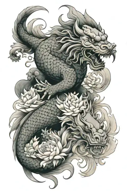 Koi Fish And Foo Dog With Flower