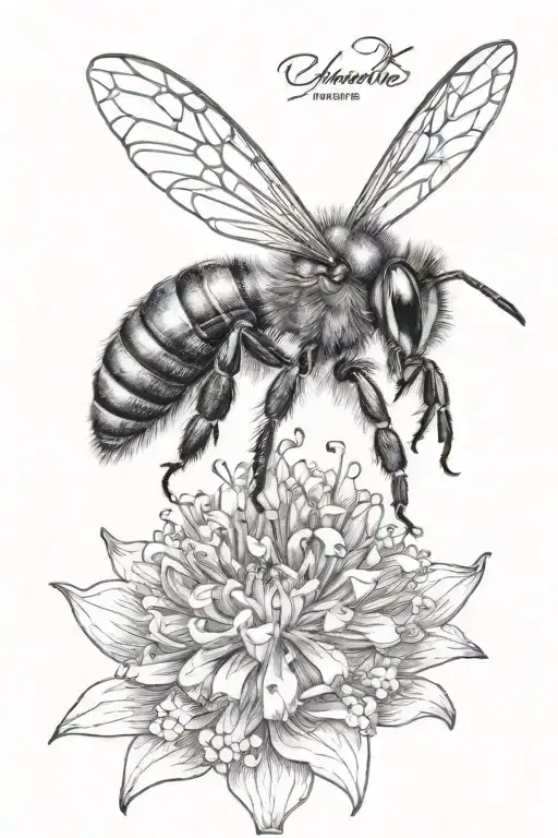 A Black And Grey Realistic Depiction Of A Bee Pollinating A Vibrant Flower