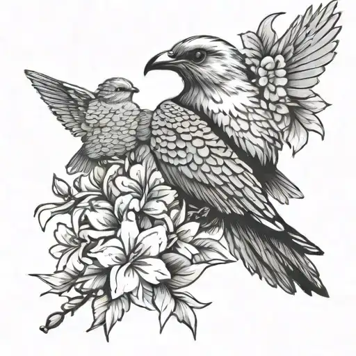 Hawk & Humming Bird With Flowers