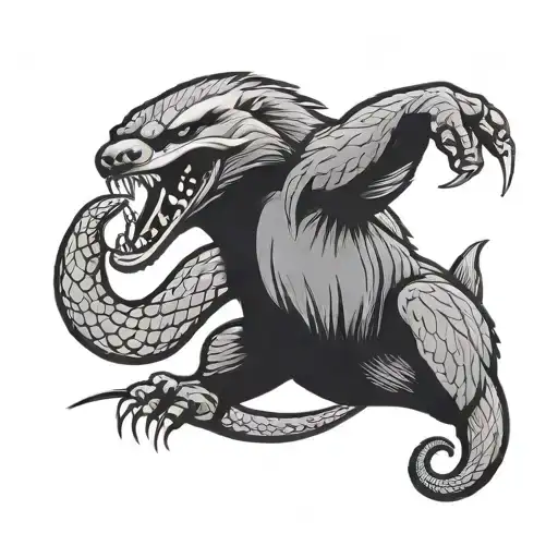 Honey Badger Fighting A Snake Angry Folk Style Traditional