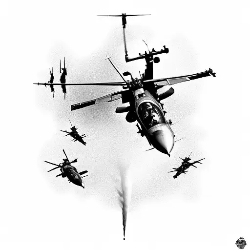 Military Battle Scene With Helicopter And F-16 Over A Tatered Flag Background
