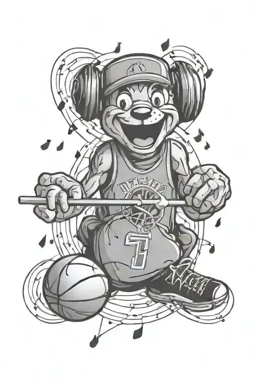 Frank With Music Notes And Sports Equipment Like Basketballs And Footballs