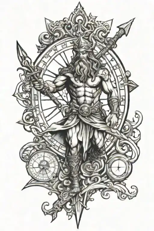 Poseidon Holding A Trident And Compass Rose With Intricate Details