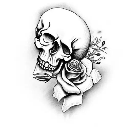 Realistic Skull With Cherry Blosom Petal Flower Falling And Old Pocket Watch