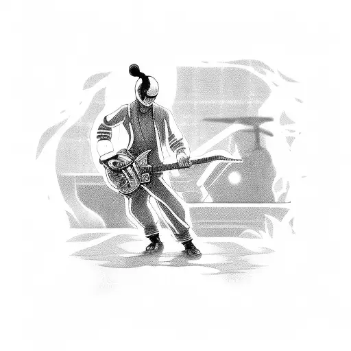 Video Game Character Playing An Electric Guitar In A Japanese-inspired Setting