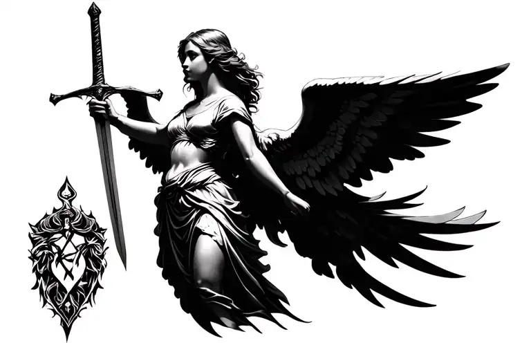 Make A Shoulder Tattoo Of Arc Angel Michelle With Wings Spread And Sword In Hand