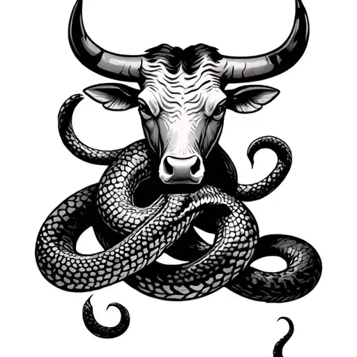 Bull And Snake Intertwined Symbolizing
