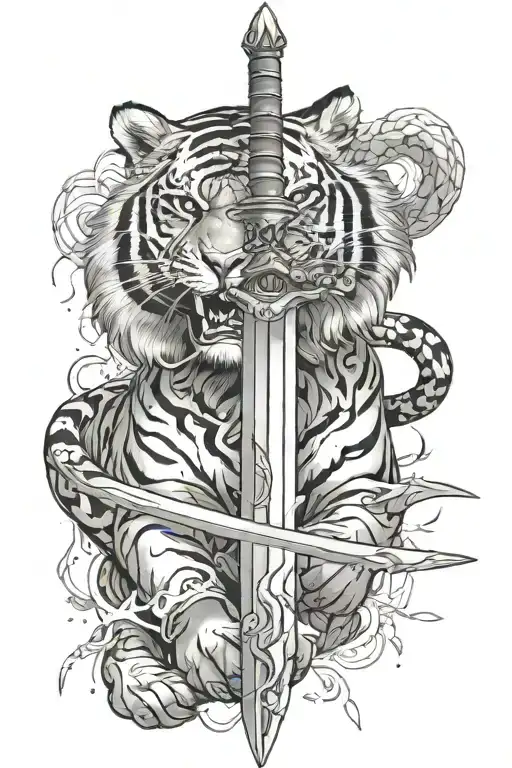Create A Black And Grey Tattoo Of A Sword Going Through A Tiger