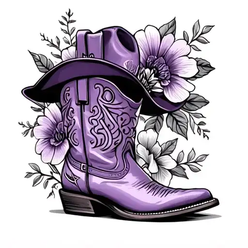 Cowboy Boot And Hat And Flowers Purple