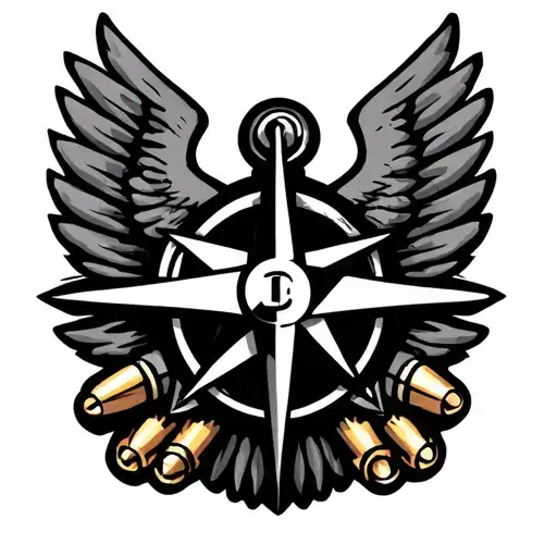 A Black-grey Tattoo Of A Leadership Symbol Intertwined With A Compass And Bullets