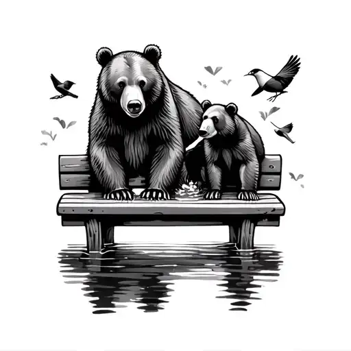 Mama Bear And Cub On A Bench Feeding Birds In A Pond