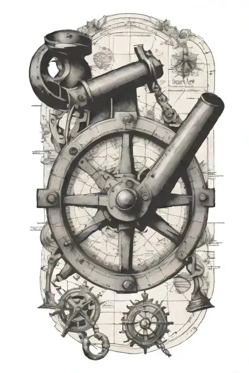Sextant Terchnical Drawing On Faded Ancient Map Without Frame