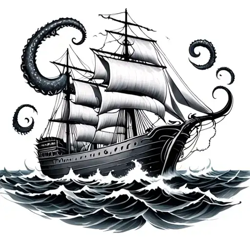 Kraken And A Ship Sailing Through Stormy