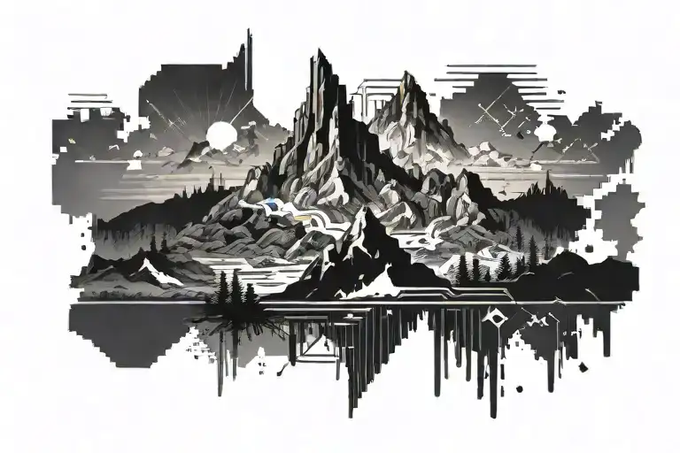 Pixelated Mountain Landscape With Cyber Sigil