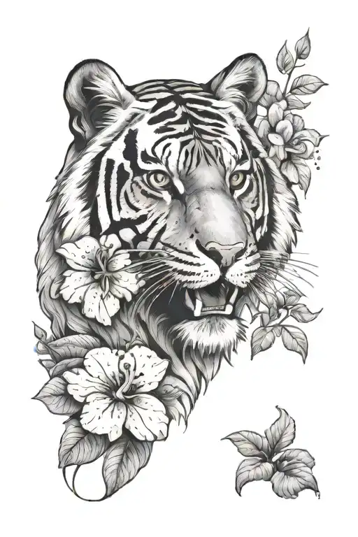 Tiger With Hibiscus Flowers And Small Leaves Behind
