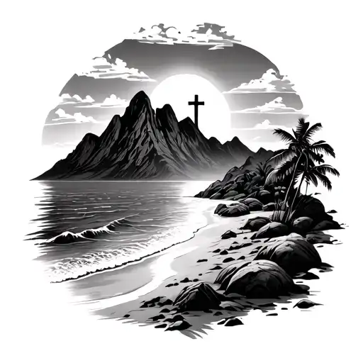 Beach With Mountains With Cross In The Middle