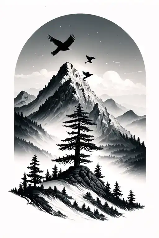 Minimalist Trees Birds Mountain