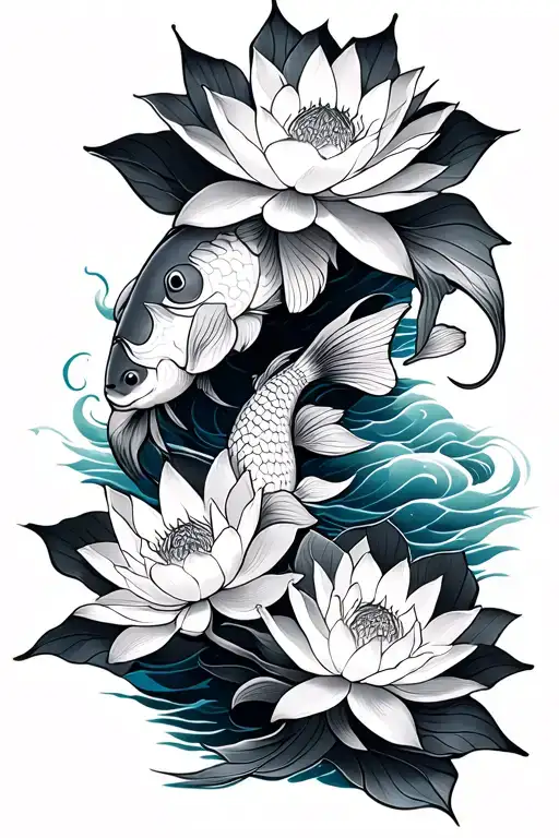 Three Lotus Flowers And A Koi Fish Sleeve With Waves Tattoo Sleeve