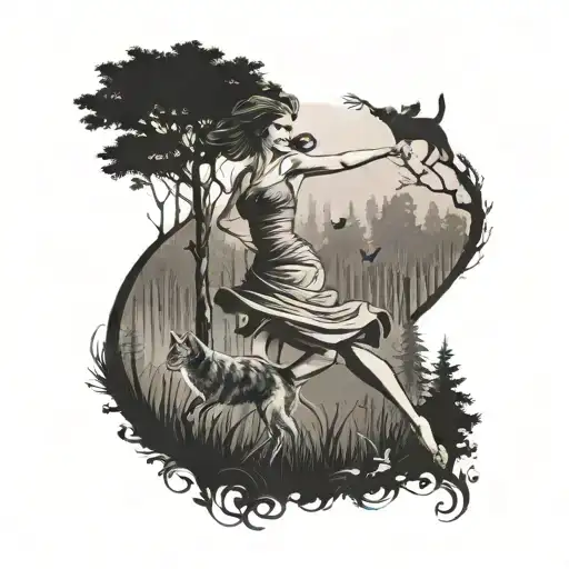 A Dancer Twirling In A Forest Clearing With Cats Peeking Out From Behind Trees