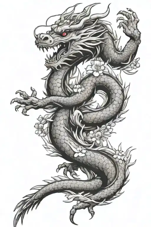 Japanese Dragon Holding On To A Tree And Has Flowers